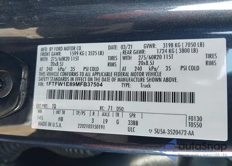 2021 Ford F-150 Lariat из США, поврежденный, VIN 1FTFW1E89MFB37504